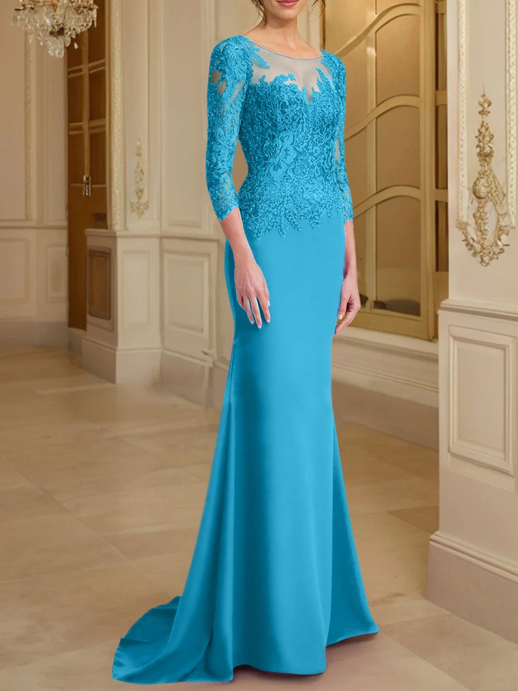 Vestidos de madre de la novia con mangas largas, corte trompeta/sirena y encaje