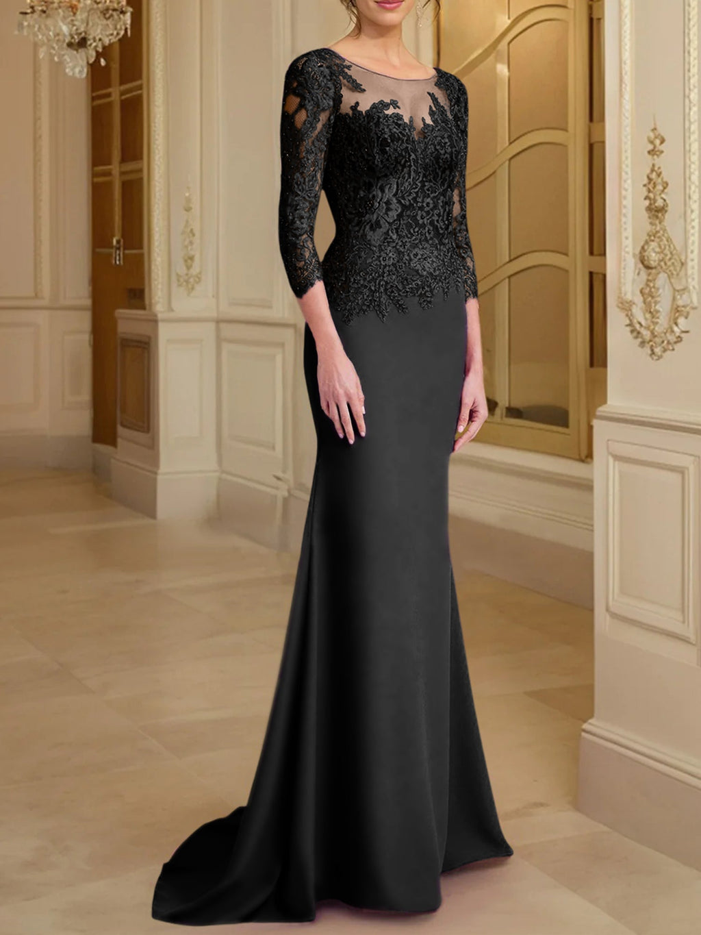 Vestidos de madre de la novia con mangas largas, corte trompeta/sirena y encaje