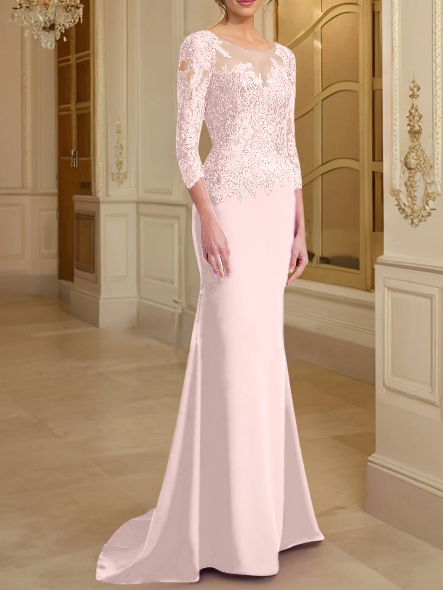 Vestidos de madre de la novia con mangas largas, corte trompeta/sirena y encaje