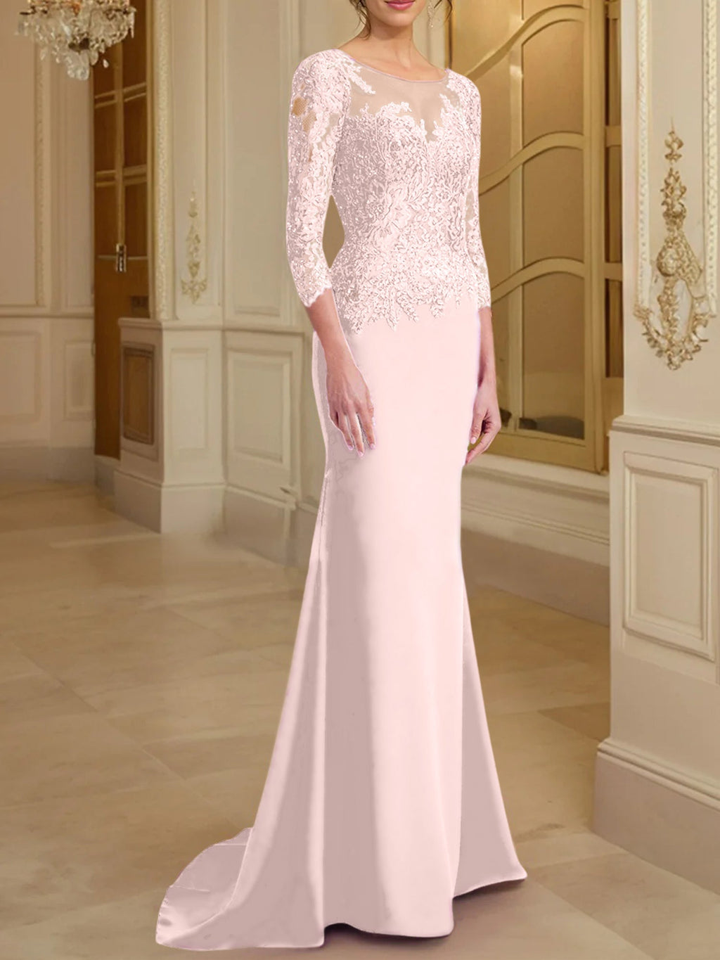 Vestidos de madre de la novia con mangas largas, corte trompeta/sirena y encaje