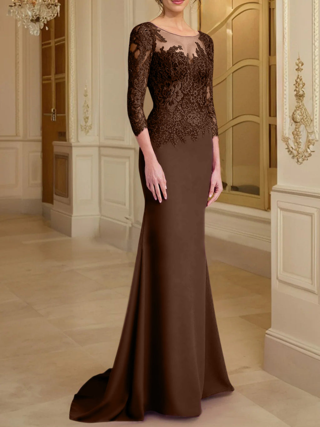 Vestidos de madre de la novia con mangas largas, corte trompeta/sirena y encaje
