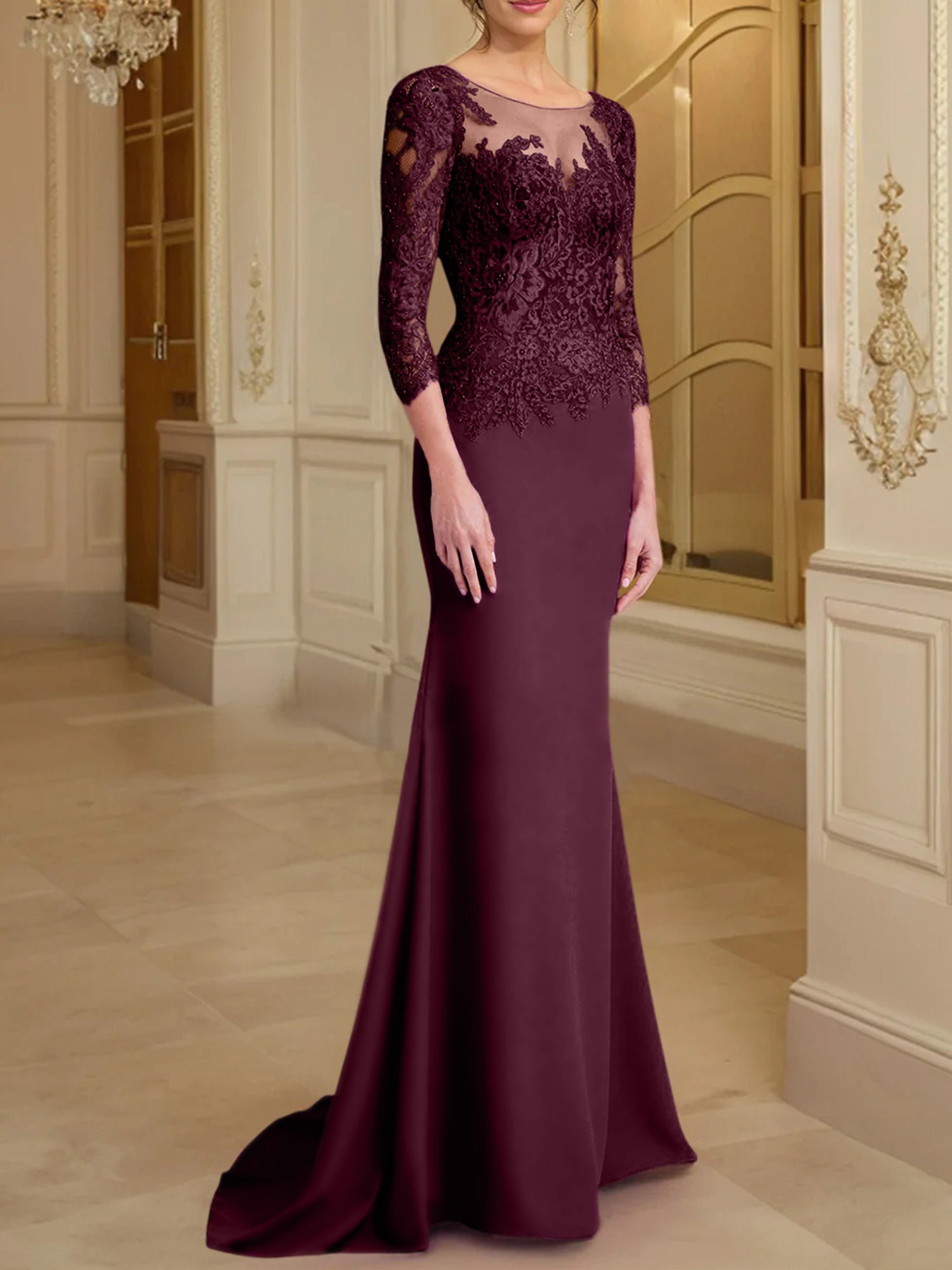Vestidos de madre de la novia con mangas largas, corte trompeta/sirena y encaje