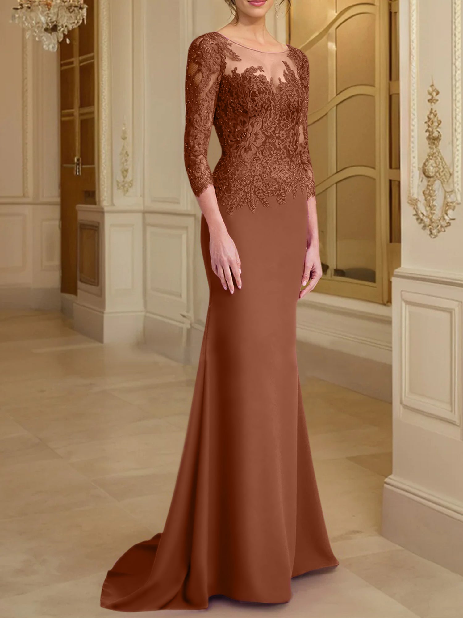 Vestidos de madre de la novia con mangas largas, corte trompeta/sirena y encaje