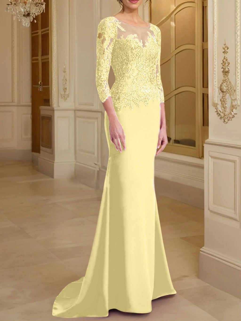 Vestidos de madre de la novia con mangas largas, corte trompeta/sirena y encaje