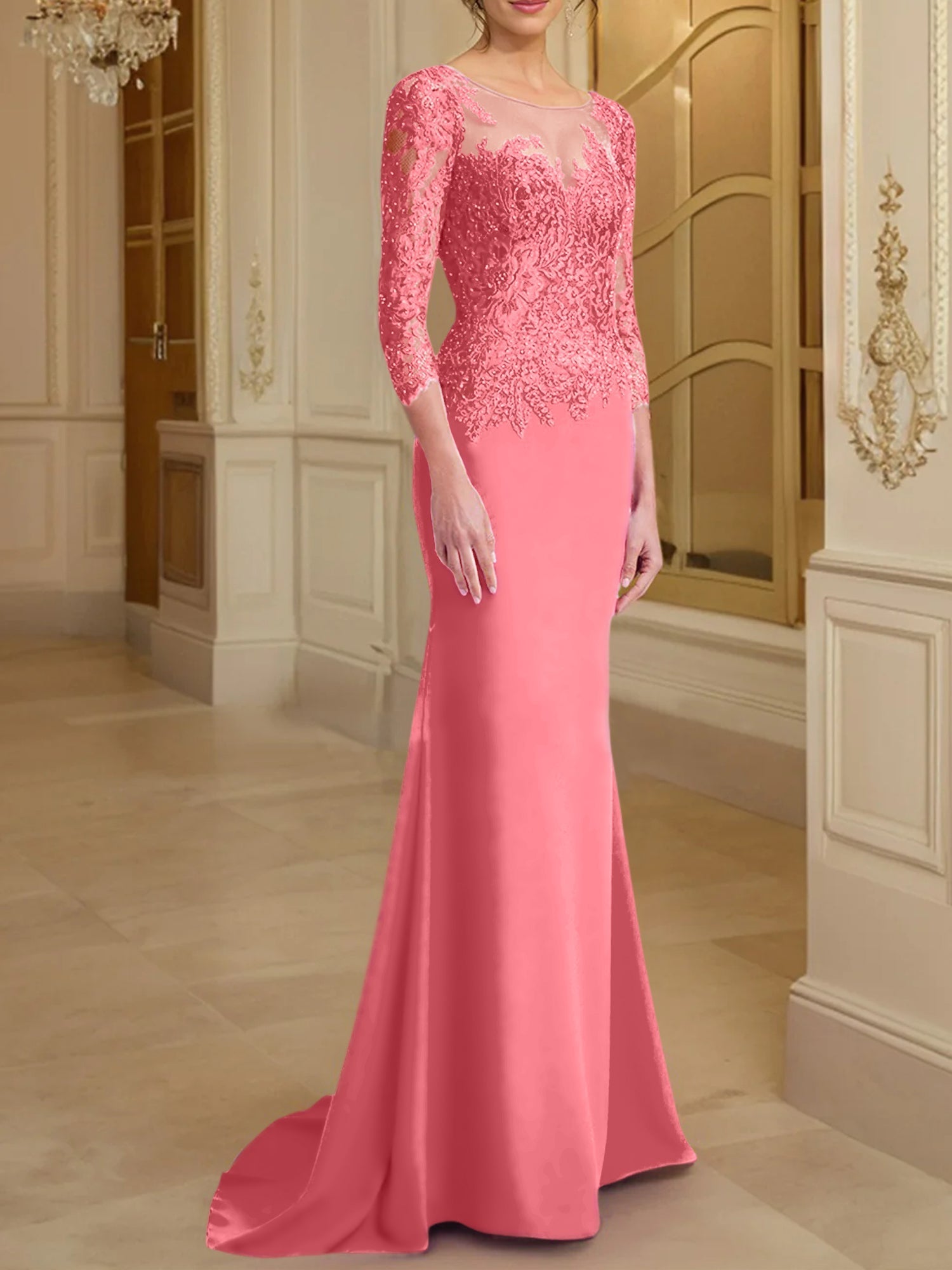 Vestidos de madre de la novia con mangas largas, corte trompeta/sirena y encaje