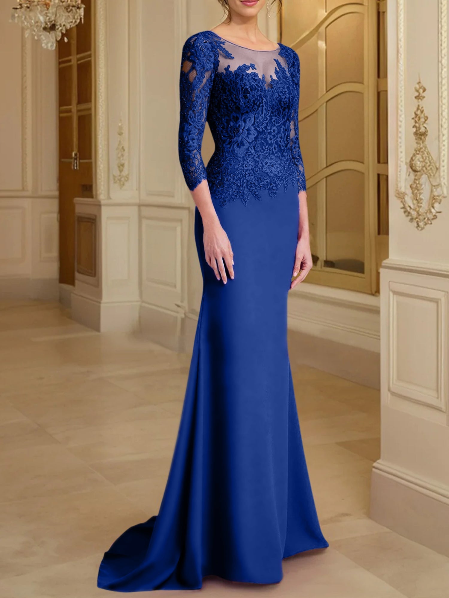 Vestidos de madre de la novia con mangas largas, corte trompeta/sirena y encaje