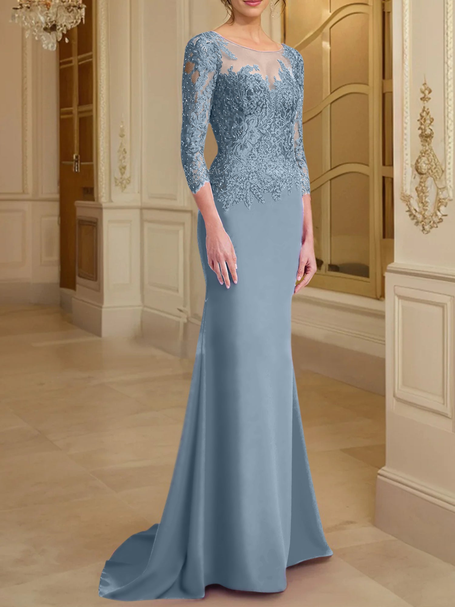 Vestidos de madre de la novia con mangas largas, corte trompeta/sirena y encaje