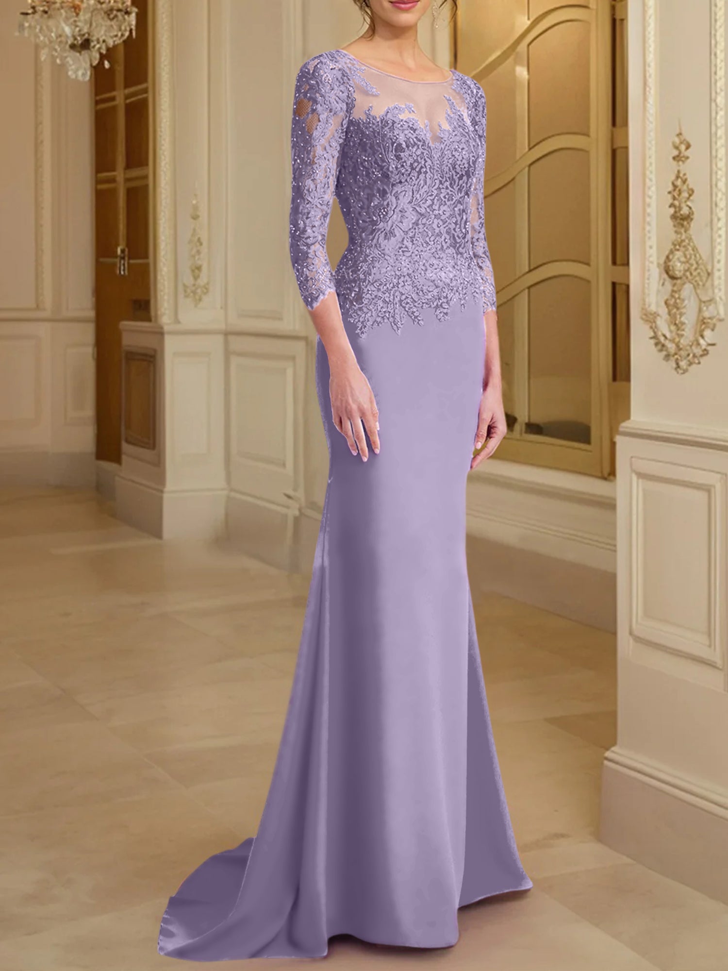 Vestidos de madre de la novia con mangas largas, corte trompeta/sirena y encaje