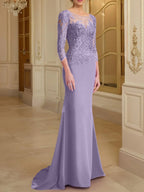 Vestidos de madre de la novia con mangas largas, corte trompeta/sirena y encaje