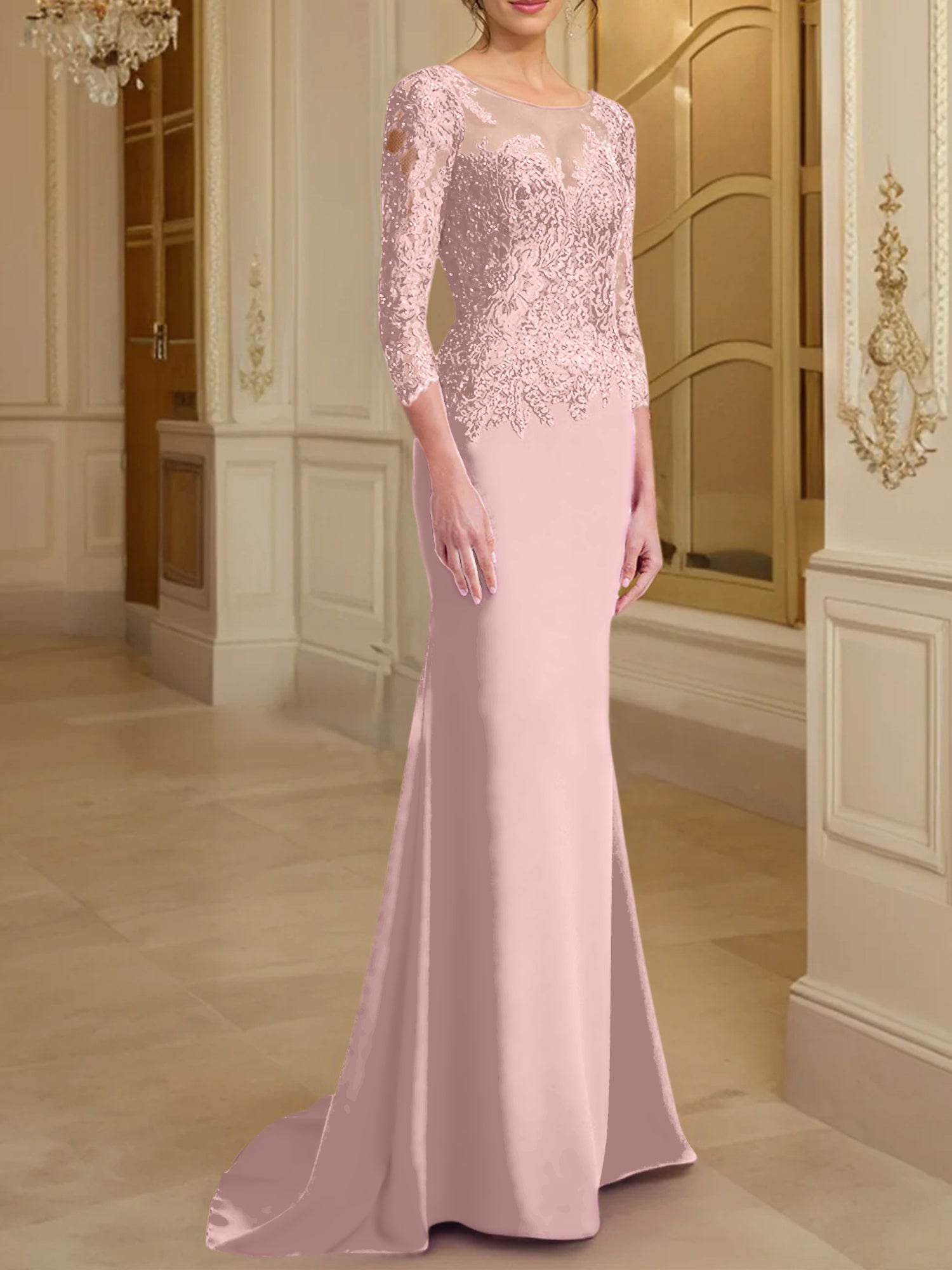 Vestidos de madre de la novia con mangas largas, corte trompeta/sirena y encaje