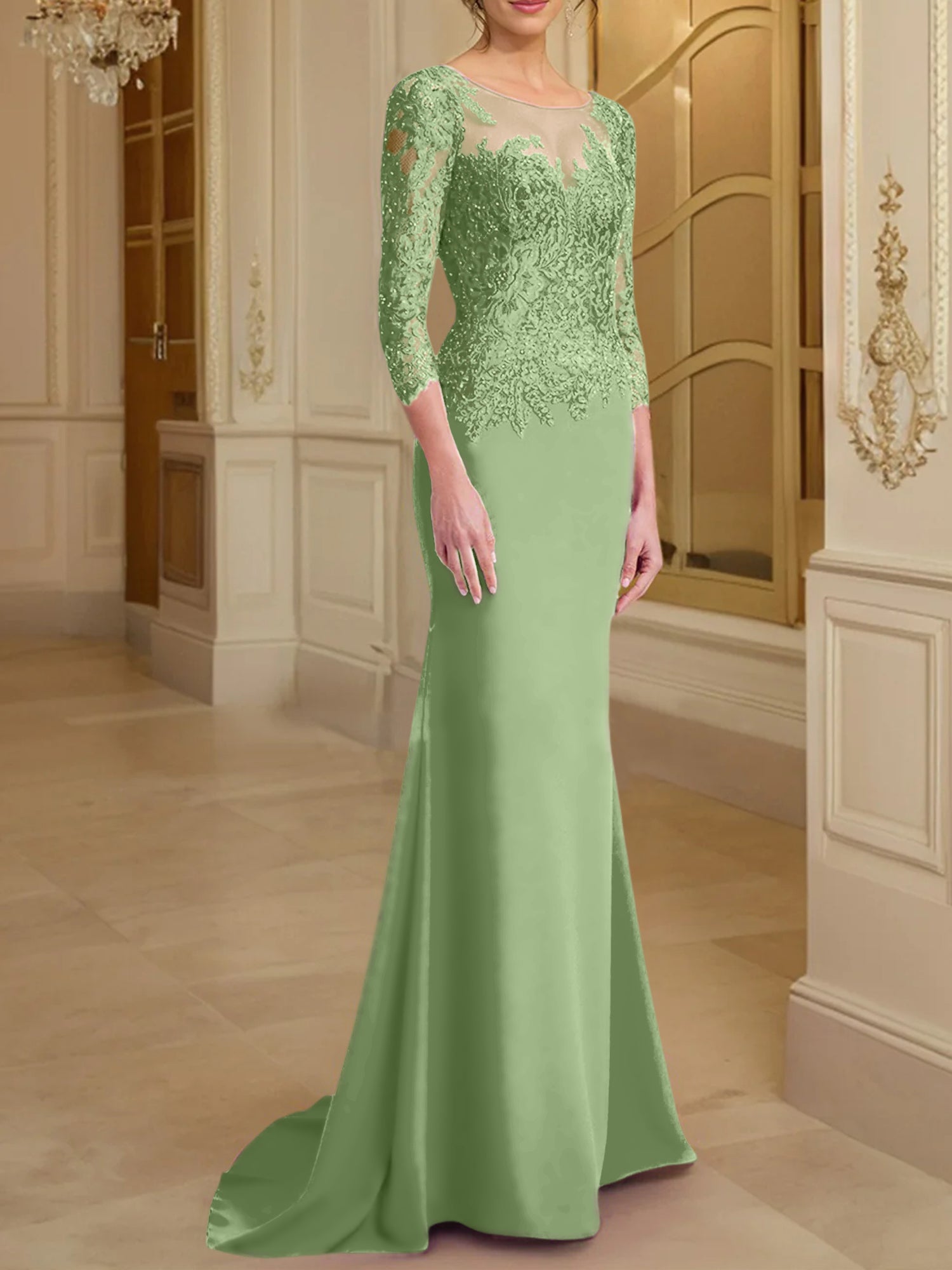Vestidos de madre de la novia con mangas largas, corte trompeta/sirena y encaje
