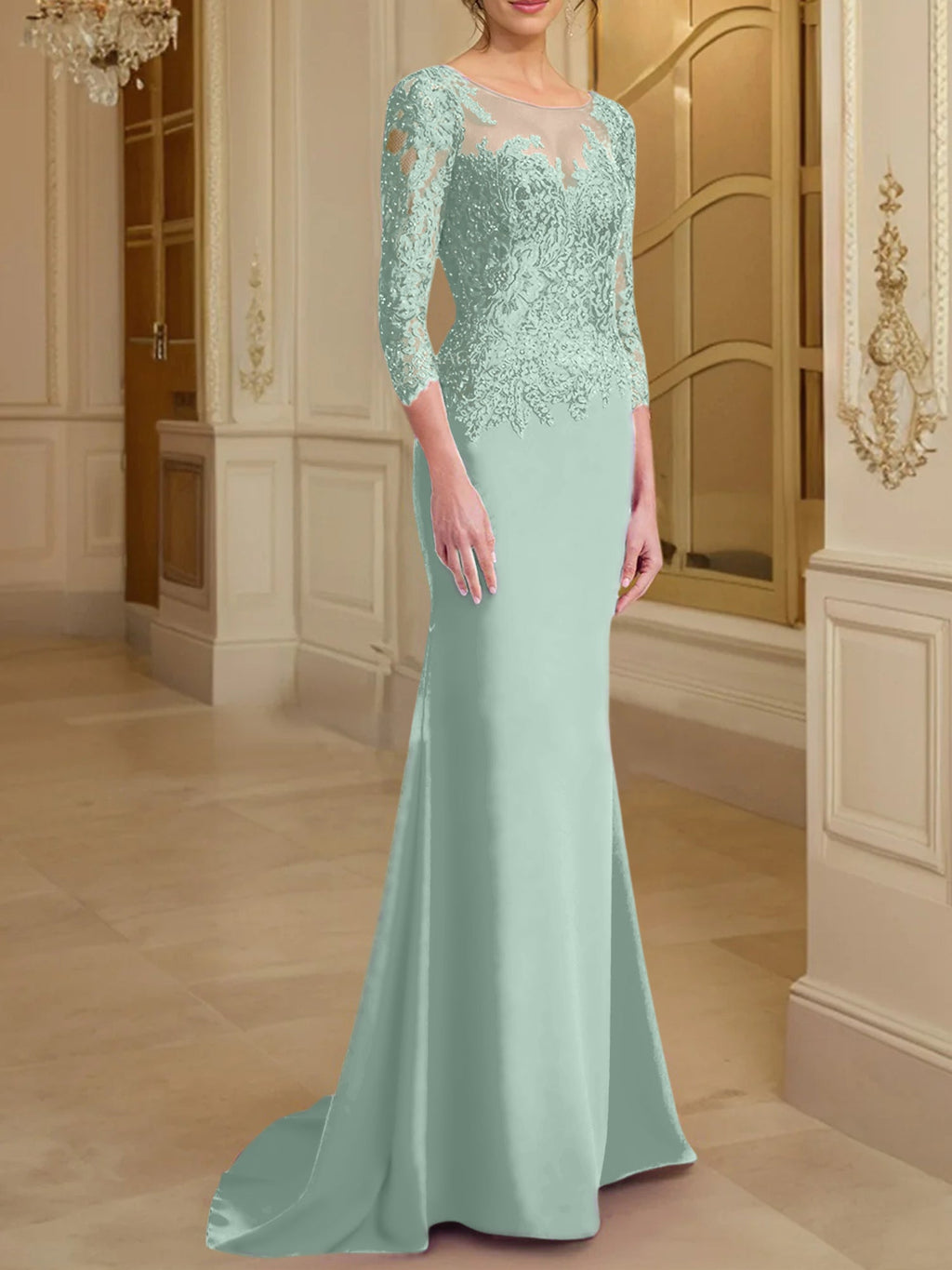 Vestidos de madre de la novia con mangas largas, corte trompeta/sirena y encaje