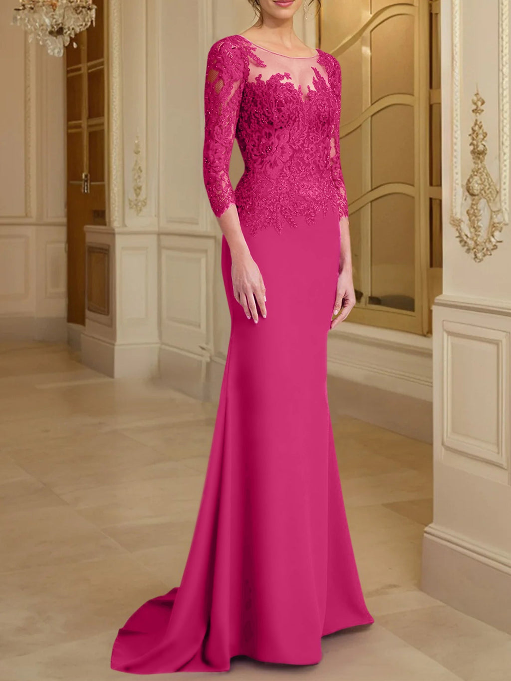 Vestidos de madre de la novia con mangas largas, corte trompeta/sirena y encaje