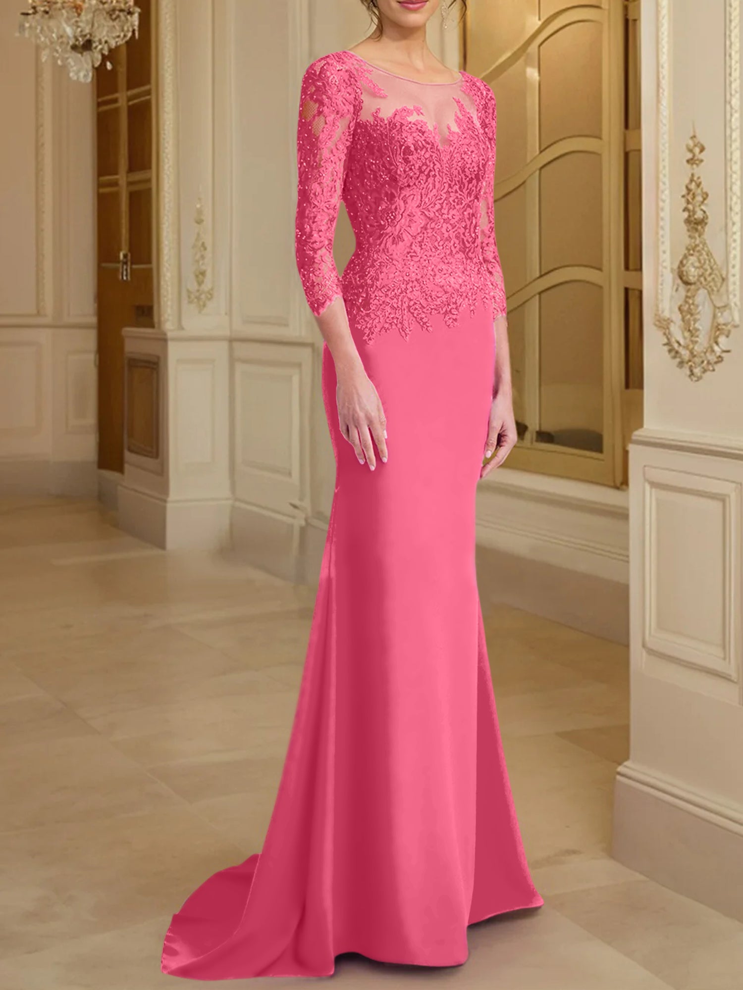 Vestidos de madre de la novia con mangas largas, corte trompeta/sirena y encaje