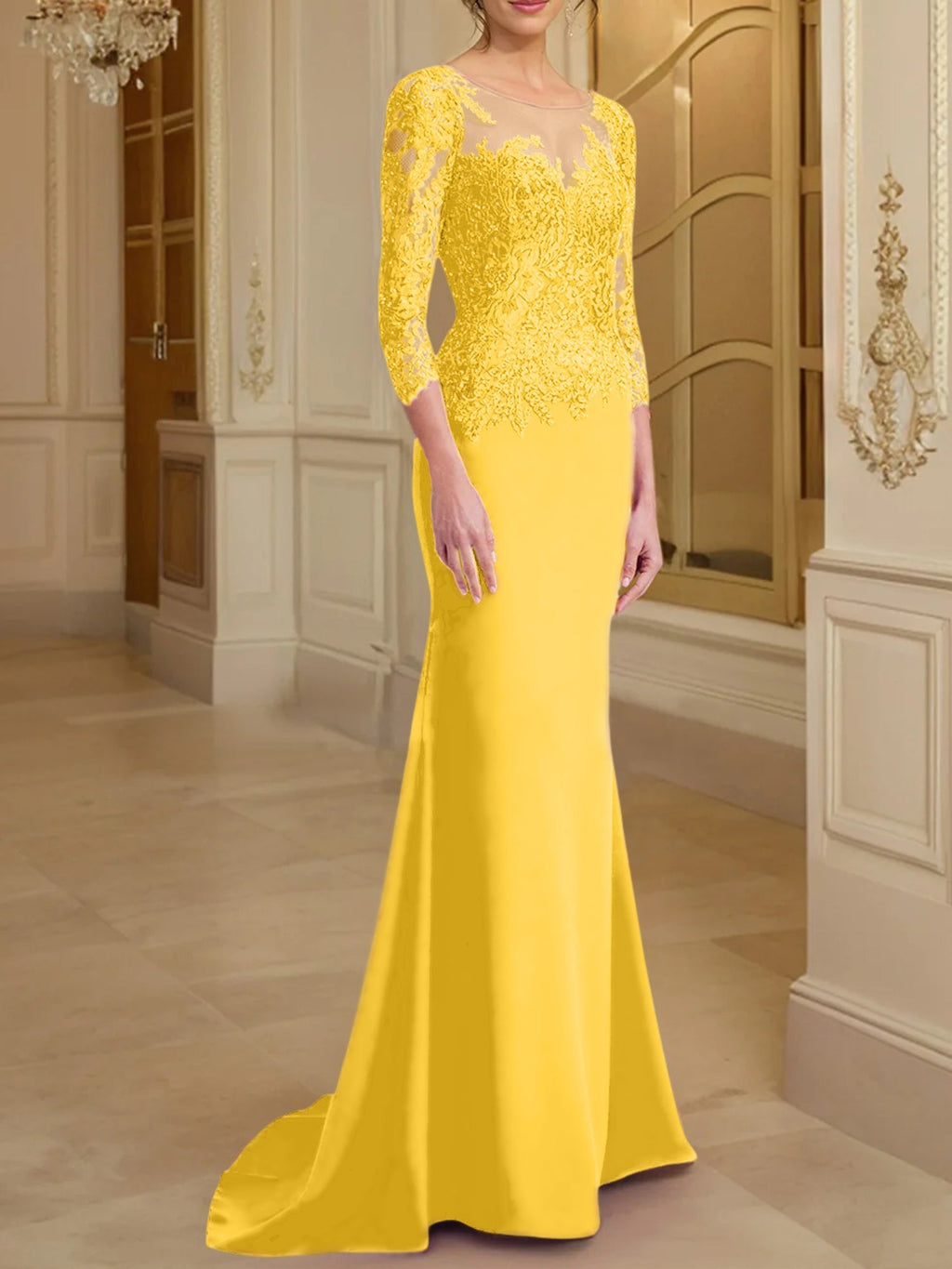 Vestidos de madre de la novia con mangas largas, corte trompeta/sirena y encaje