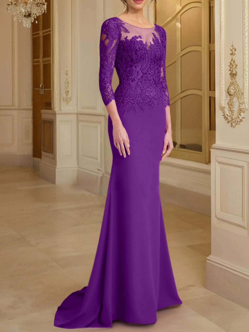 Vestidos de madre de la novia con mangas largas, corte trompeta/sirena y encaje