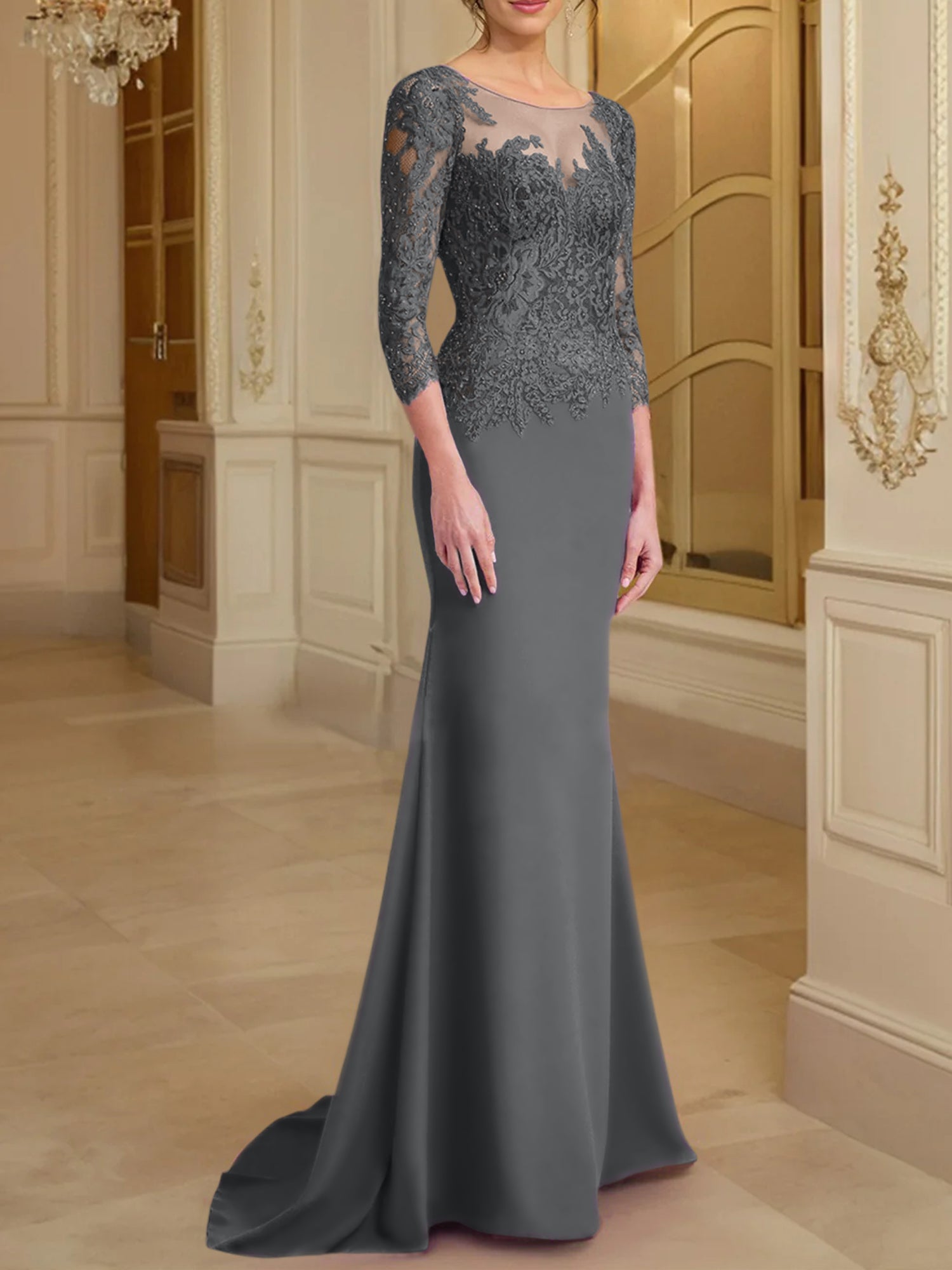 Vestidos de madre de la novia con mangas largas, corte trompeta/sirena y encaje