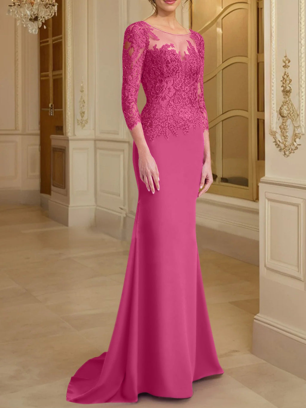 Vestidos de madre de la novia con mangas largas, corte trompeta/sirena y encaje