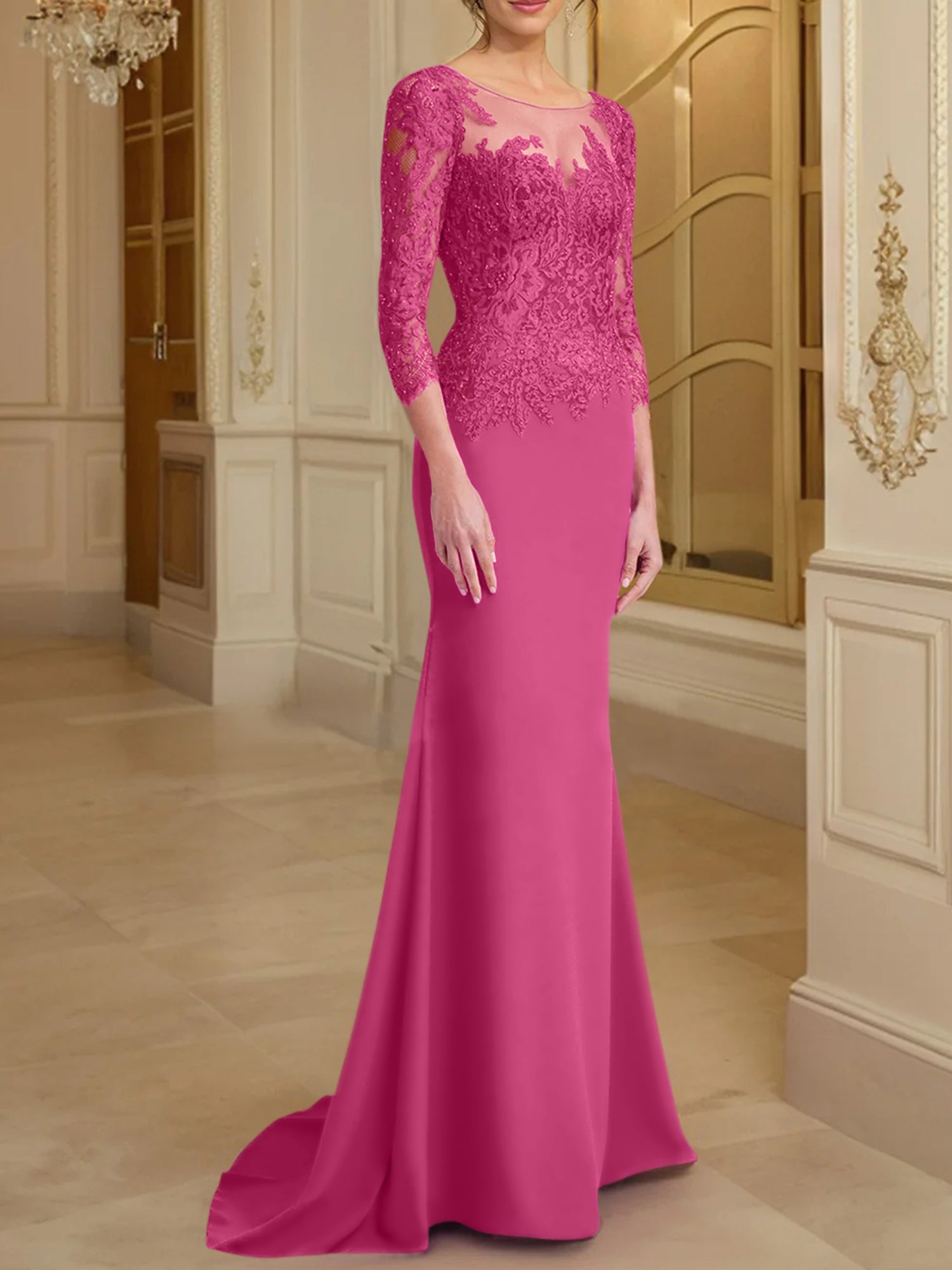 Vestidos de madre de la novia con mangas largas, corte trompeta/sirena y encaje