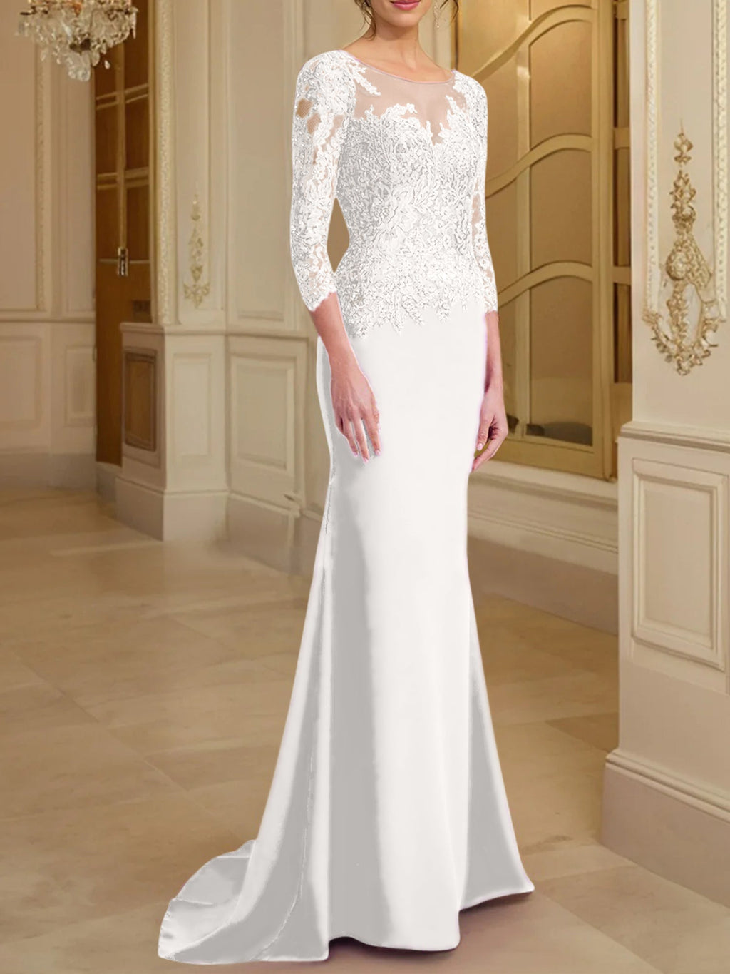 Vestidos de madre de la novia con mangas largas, corte trompeta/sirena y encaje