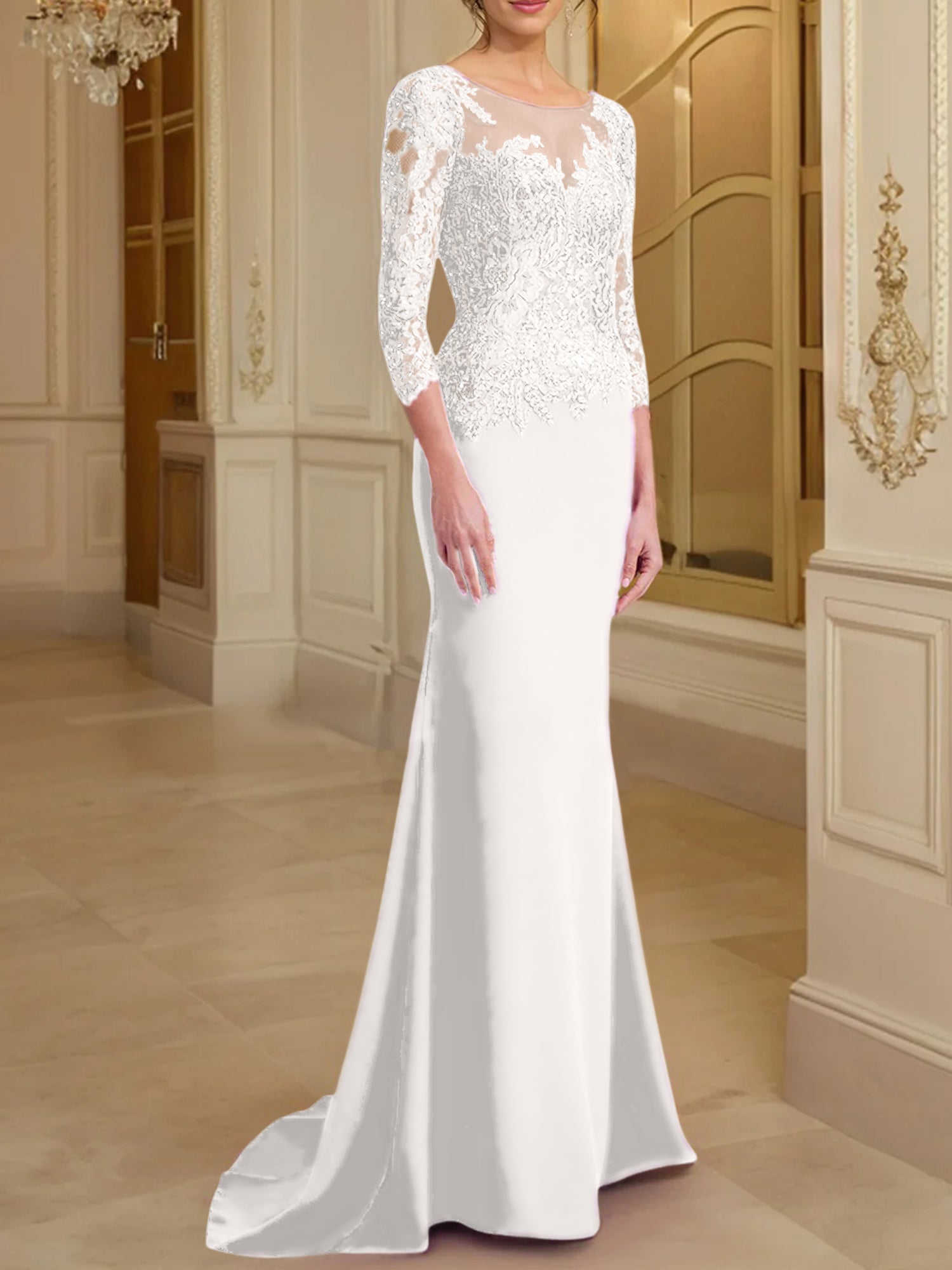 Vestidos de madre de la novia con mangas largas, corte trompeta/sirena y encaje