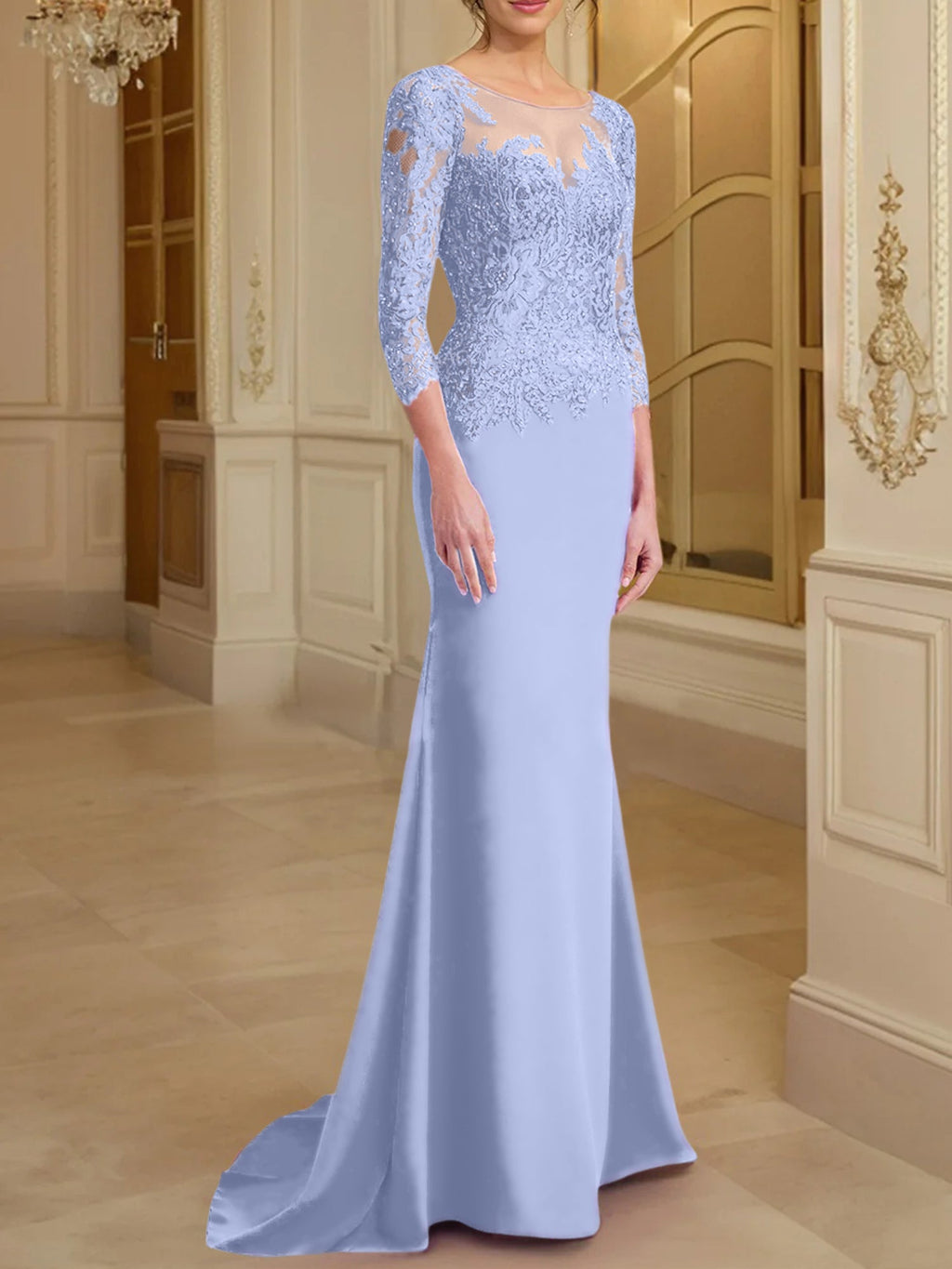Vestidos de madre de la novia con mangas largas, corte trompeta/sirena y encaje