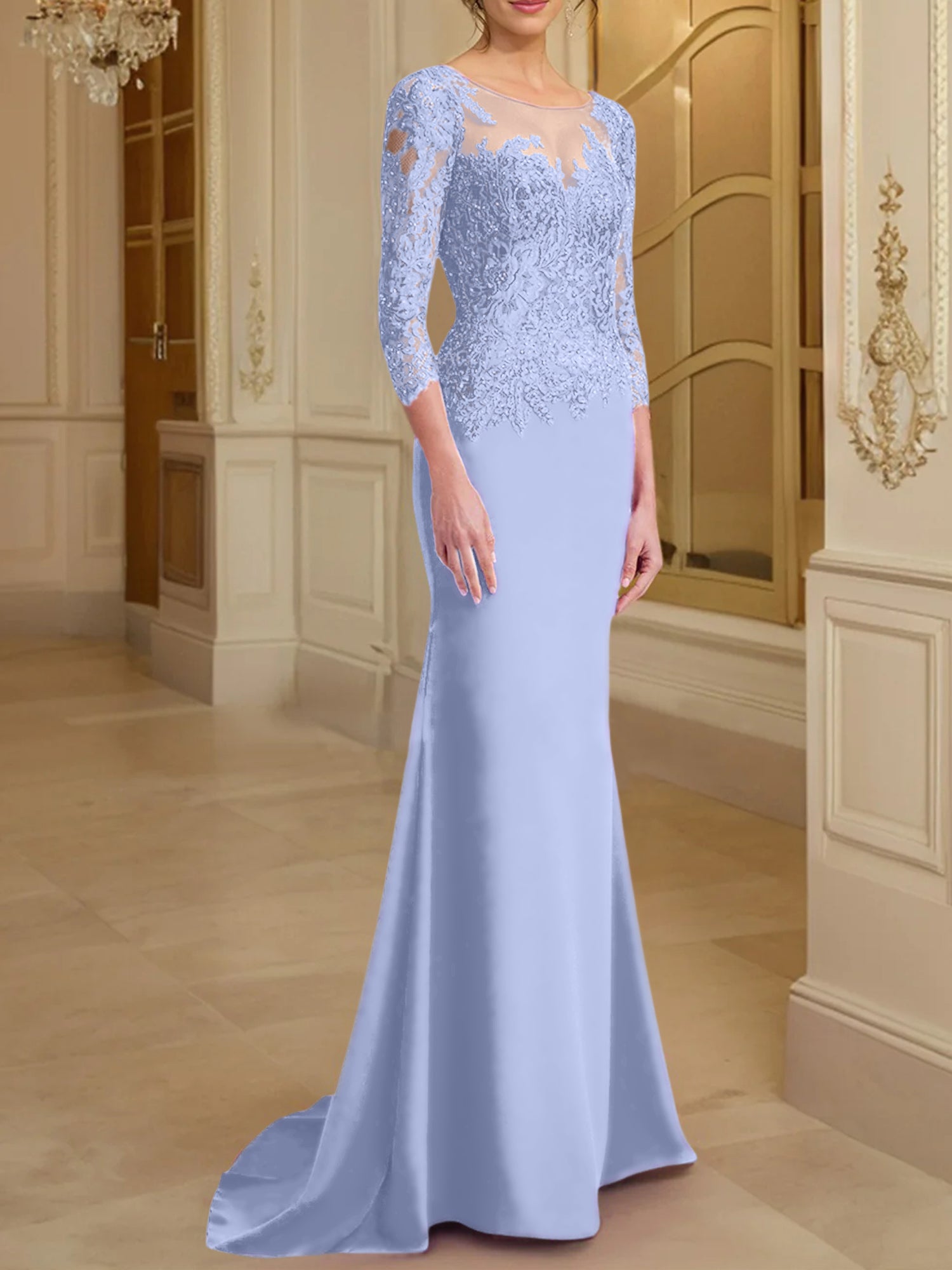 Vestidos de madre de la novia con mangas largas, corte trompeta/sirena y encaje