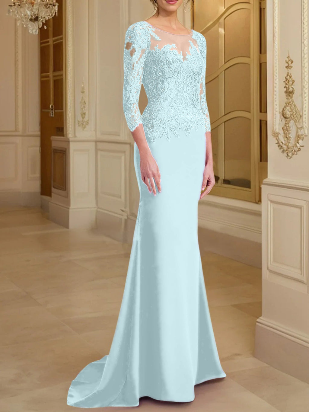Vestidos de madre de la novia con mangas largas, corte trompeta/sirena y encaje