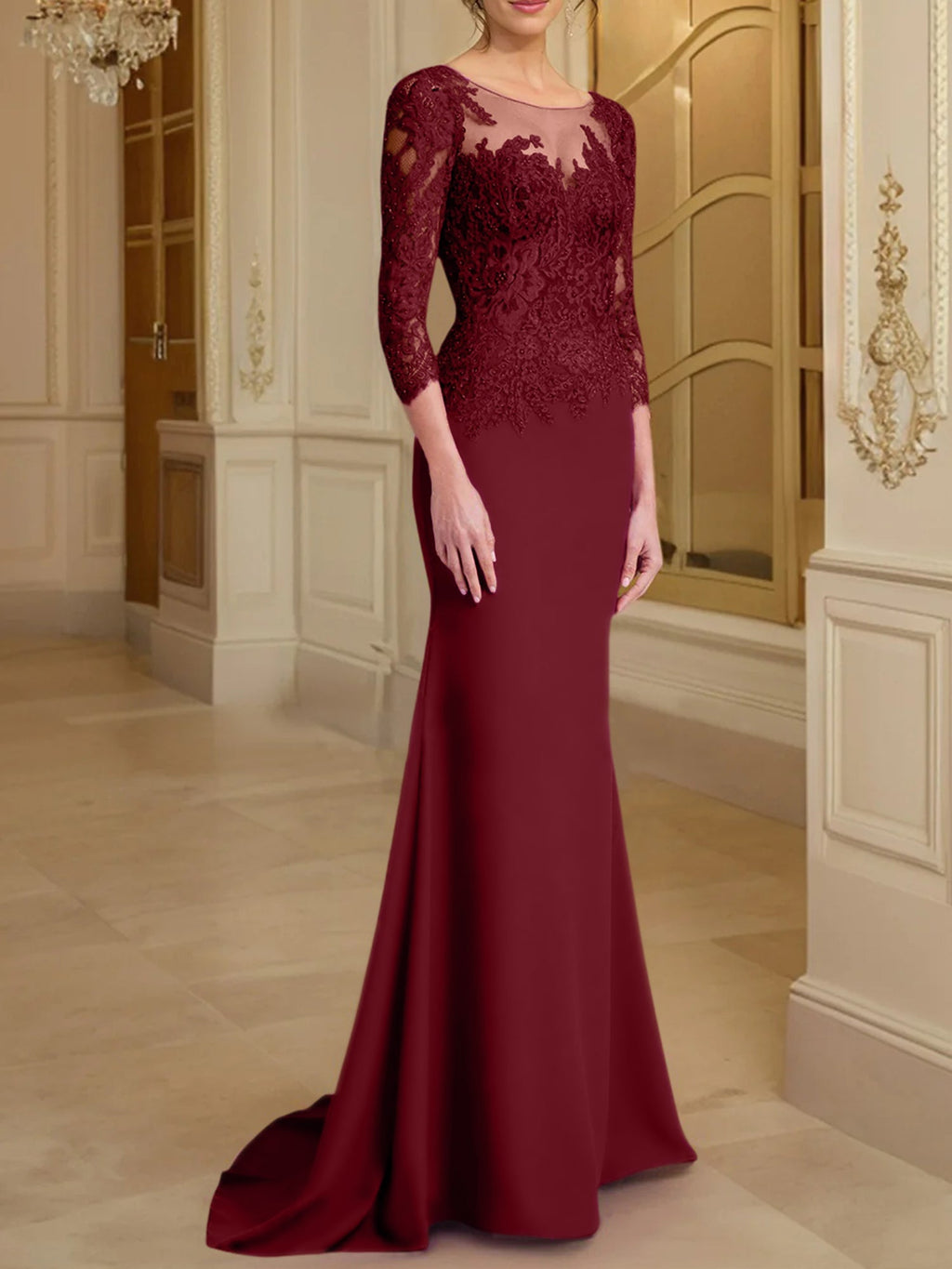 Vestidos de madre de la novia con mangas largas, corte trompeta/sirena y encaje