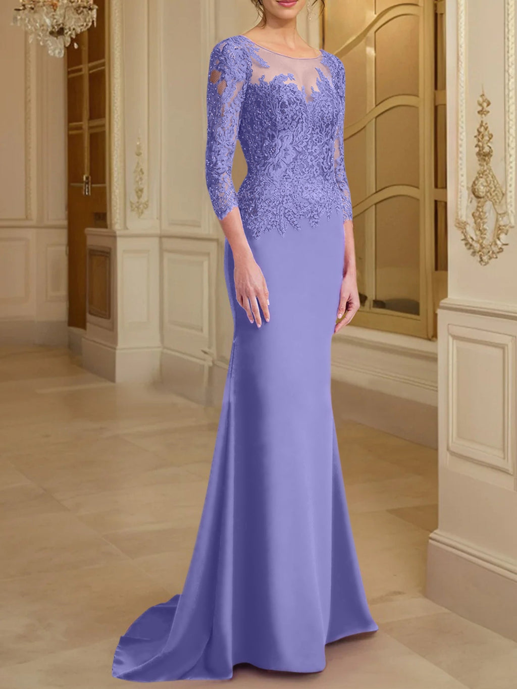 Vestidos de madre de la novia con mangas largas, corte trompeta/sirena y encaje