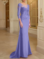 Vestidos de madre de la novia con mangas largas, corte trompeta/sirena y encaje