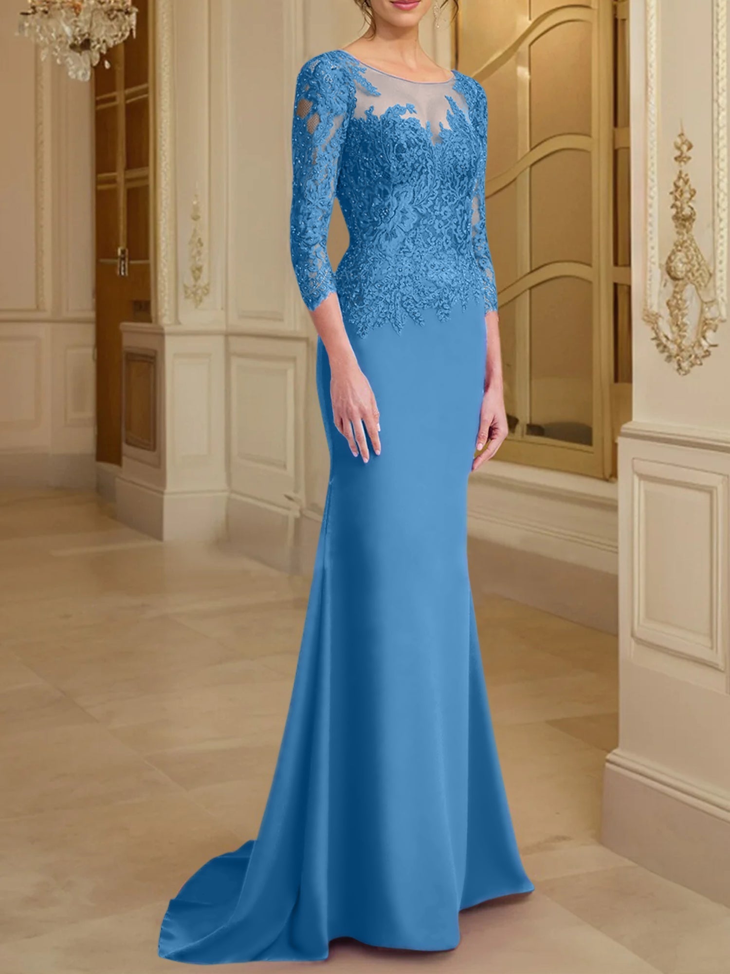 Vestidos de madre de la novia con mangas largas, corte trompeta/sirena y encaje