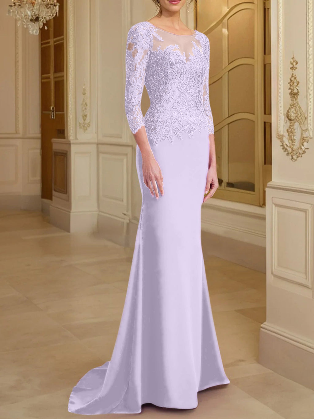 Vestidos de madre de la novia con mangas largas, corte trompeta/sirena y encaje