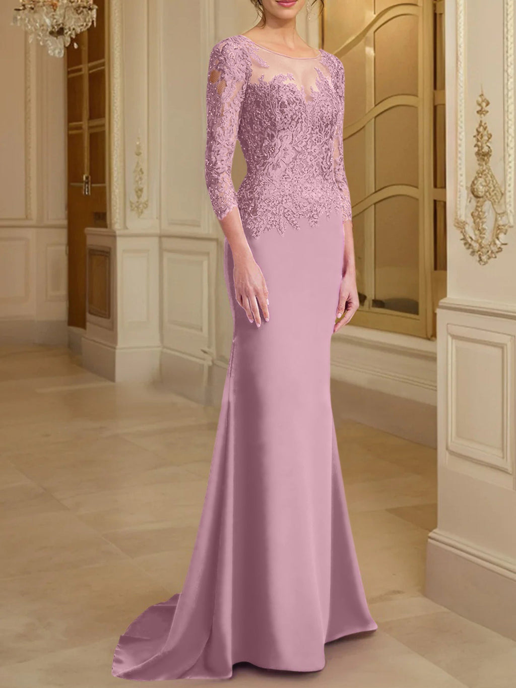 Vestidos de madre de la novia con mangas largas, corte trompeta/sirena y encaje