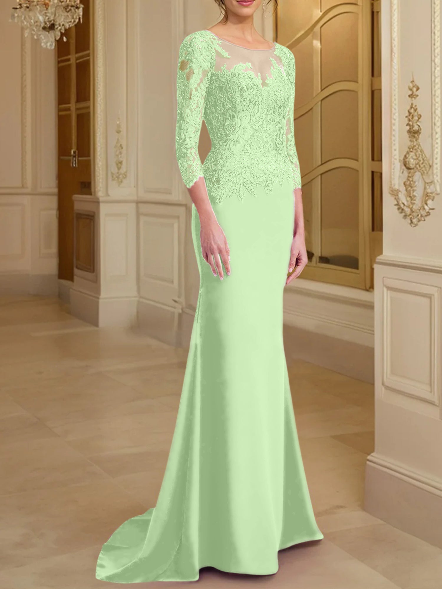 Vestidos de madre de la novia con mangas largas, corte trompeta/sirena y encaje
