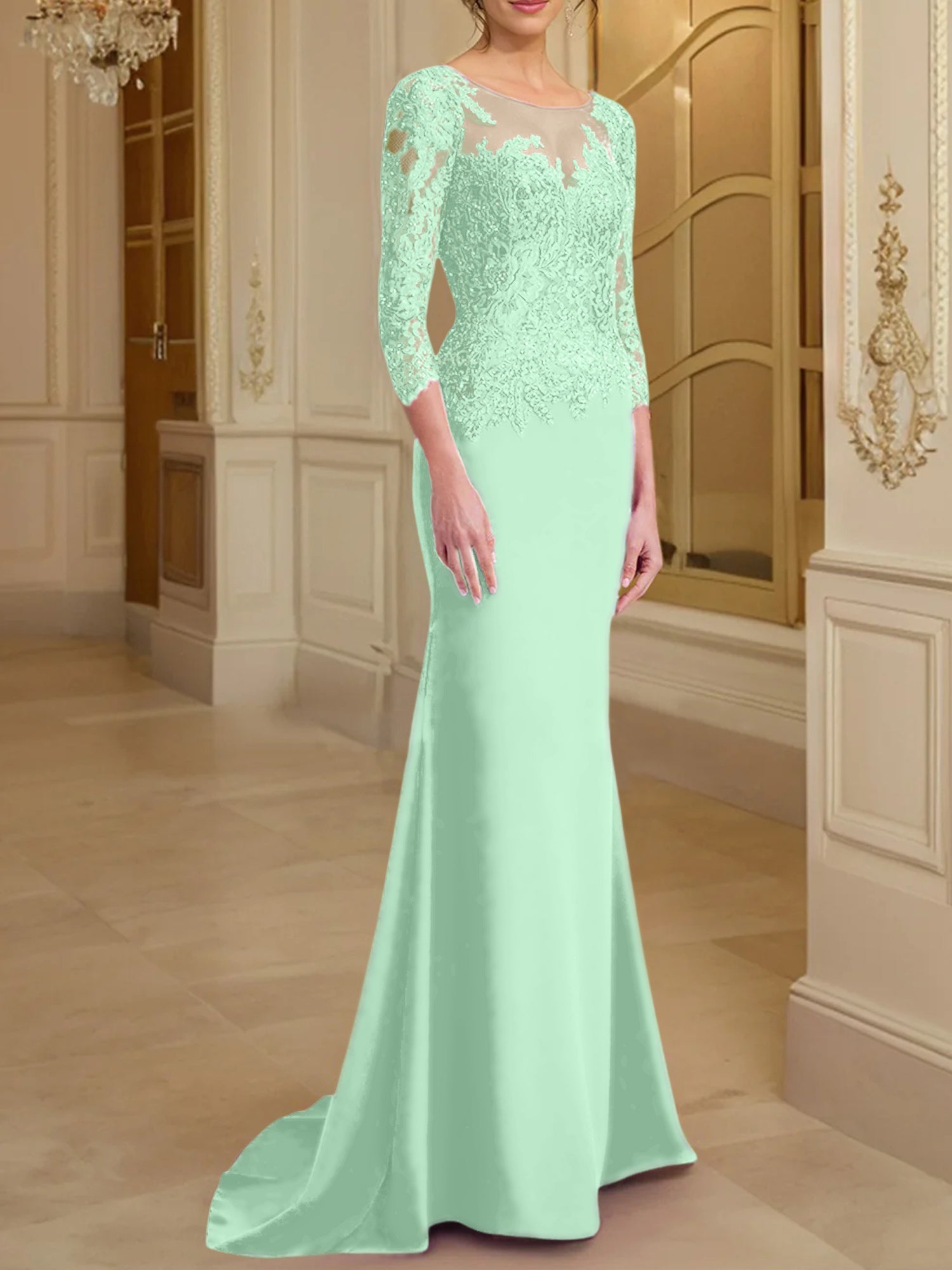 Vestidos de madre de la novia con mangas largas, corte trompeta/sirena y encaje