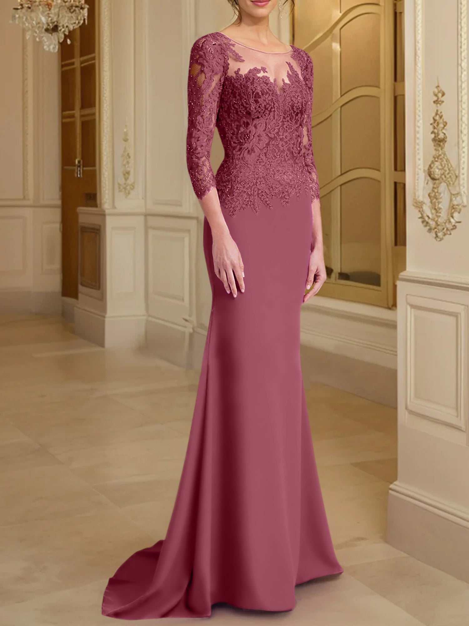 Vestidos de madre de la novia con mangas largas, corte trompeta/sirena y encaje
