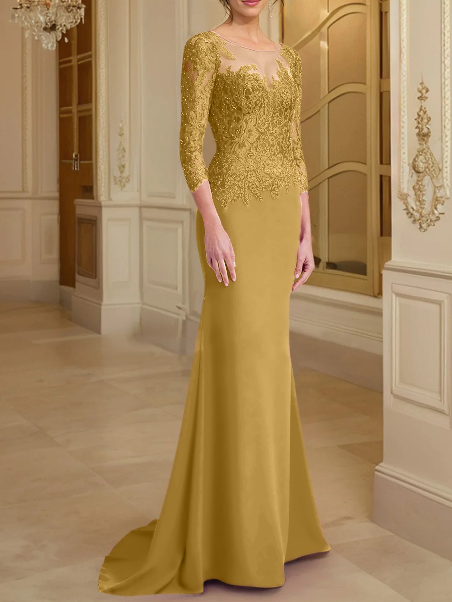 Vestidos de madre de la novia con mangas largas, corte trompeta/sirena y encaje