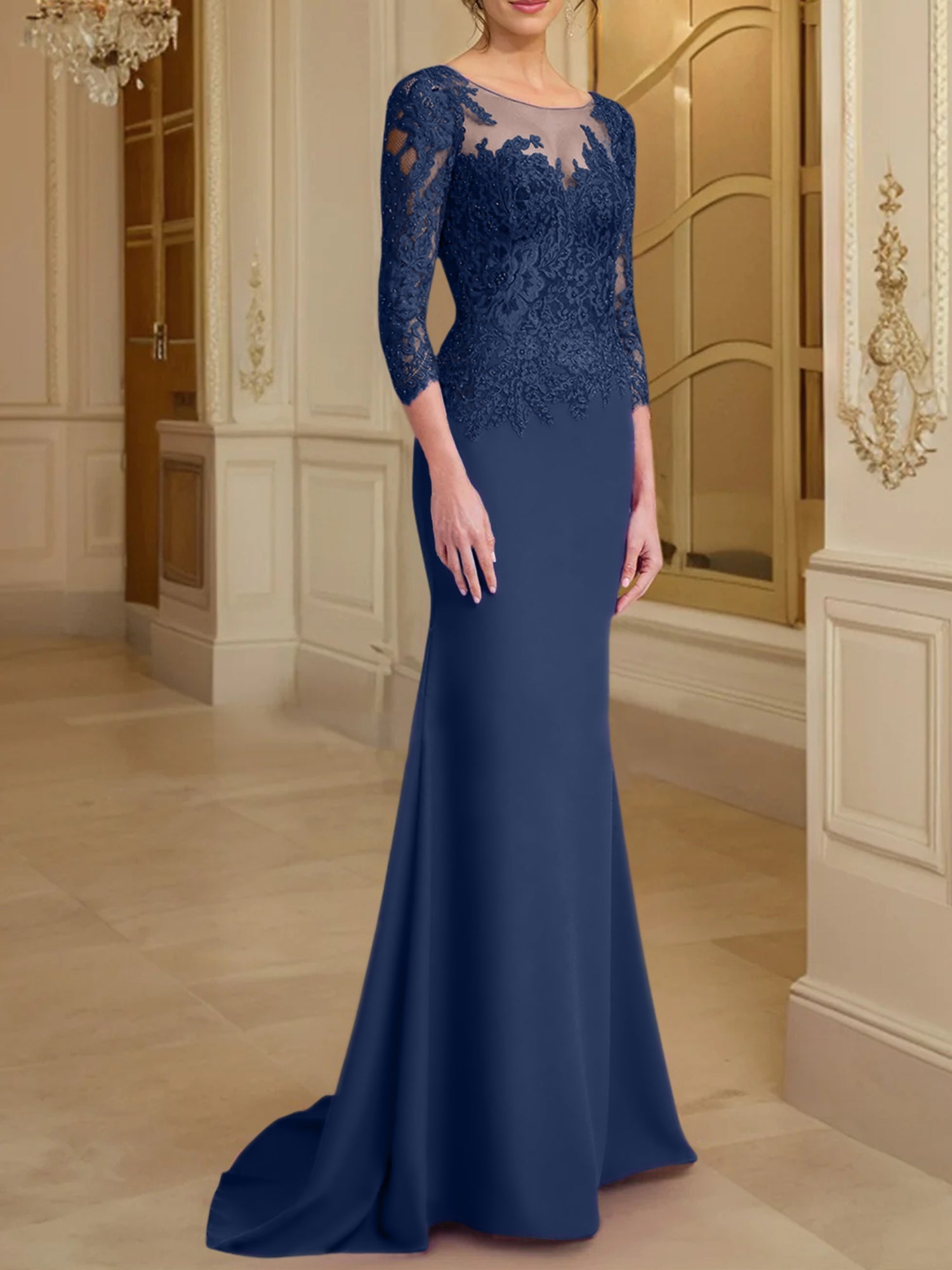 Vestidos de madre de la novia con mangas largas, corte trompeta/sirena y encaje