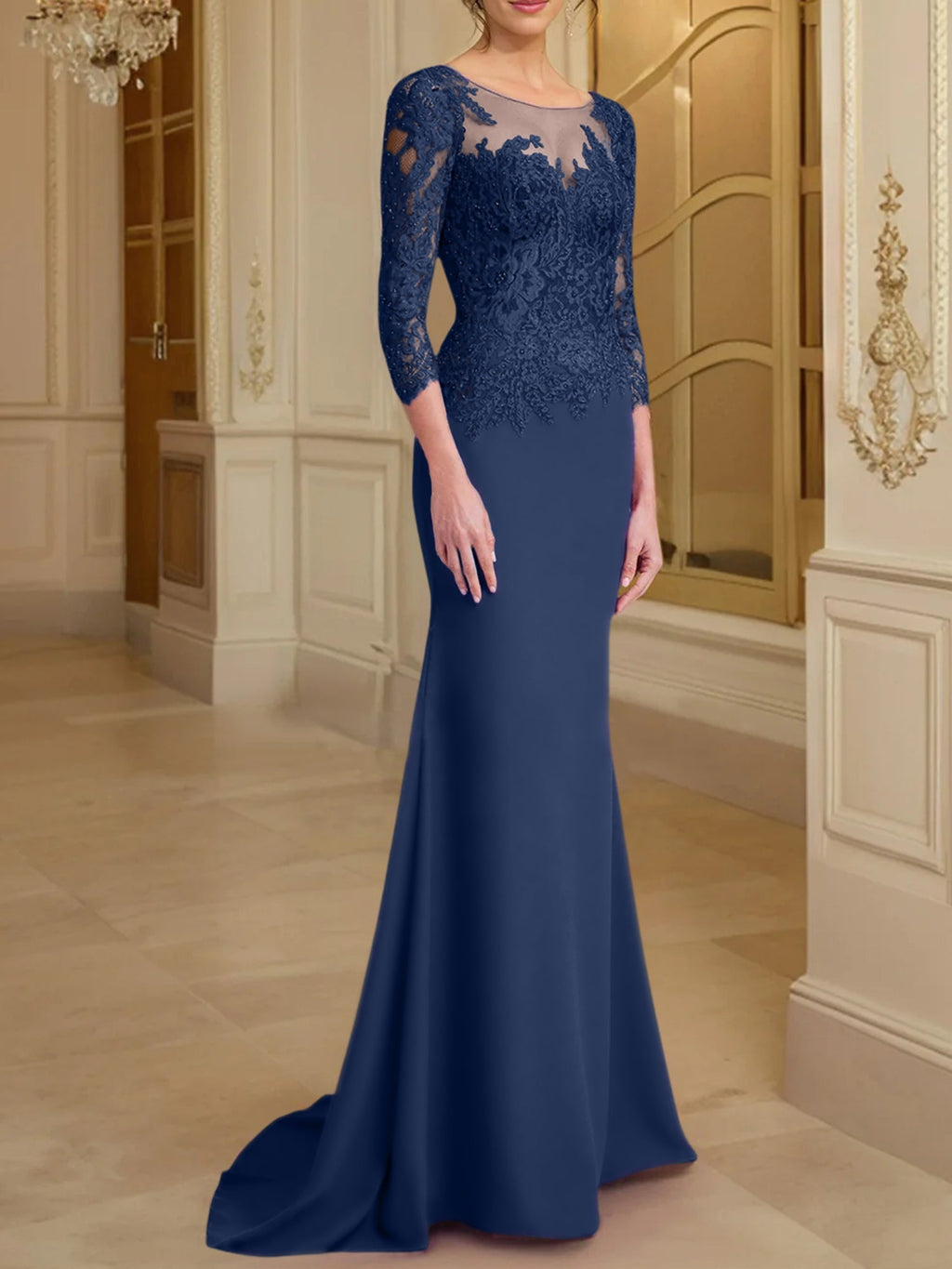 Vestidos de madre de la novia con mangas largas, corte trompeta/sirena y encaje