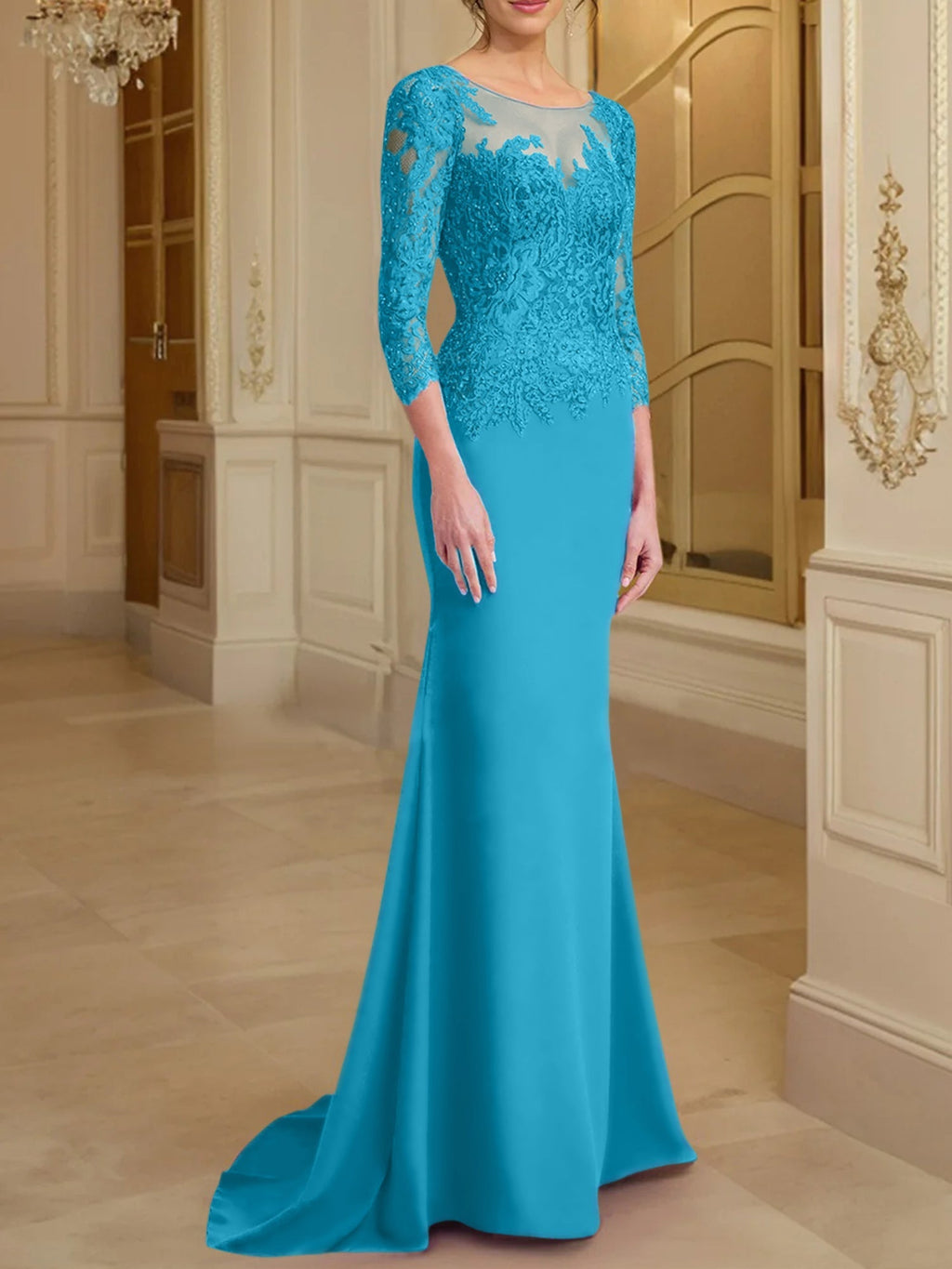 Vestidos de madre de la novia con mangas largas, corte trompeta/sirena y encaje