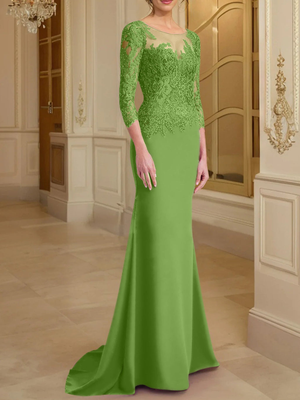 Vestidos de madre de la novia con mangas largas, corte trompeta/sirena y encaje