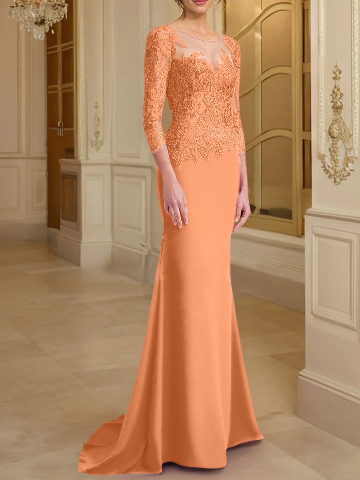 Vestidos de madre de la novia con mangas largas, corte trompeta/sirena y encaje