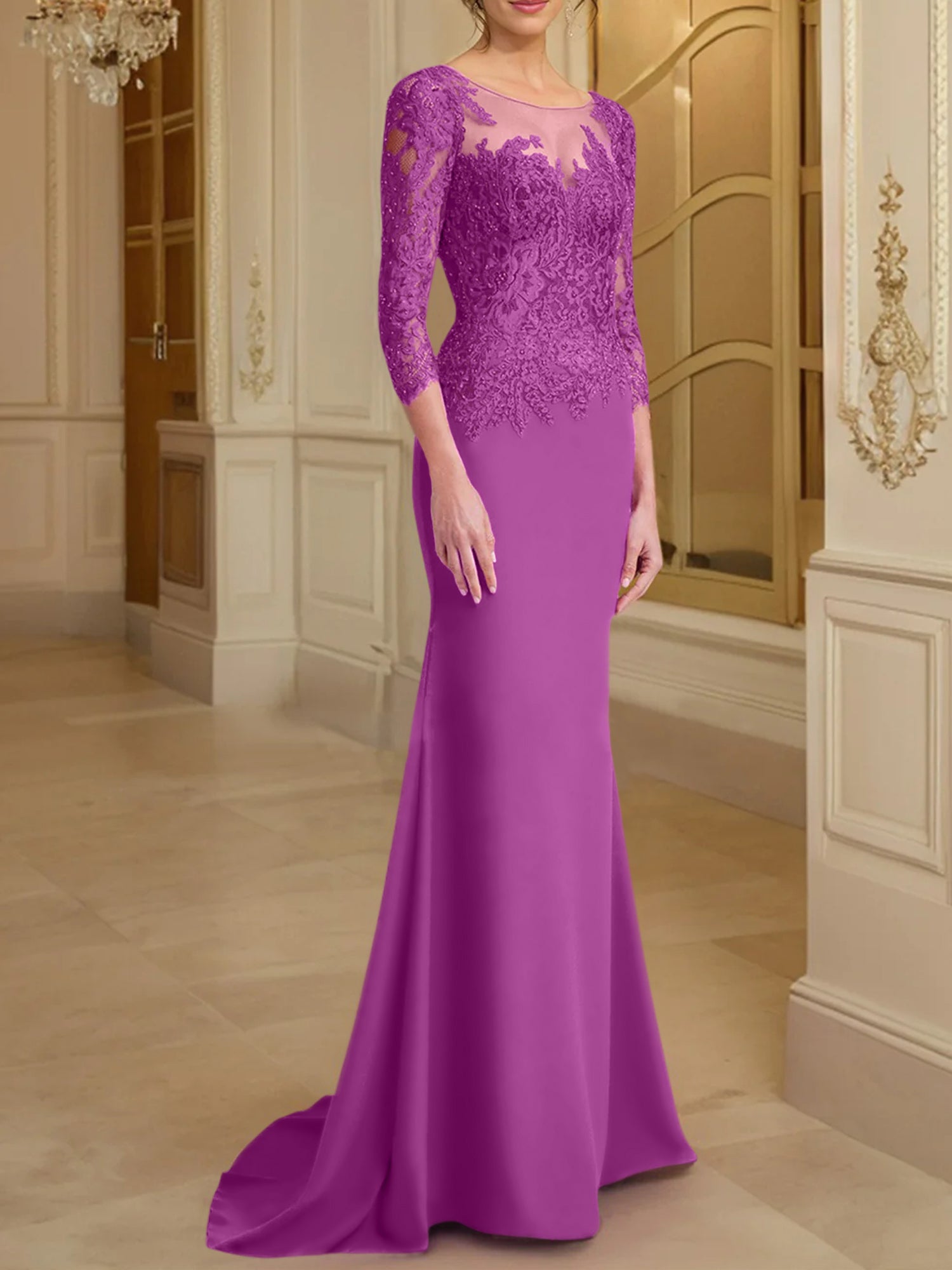 Vestidos de madre de la novia con mangas largas, corte trompeta/sirena y encaje