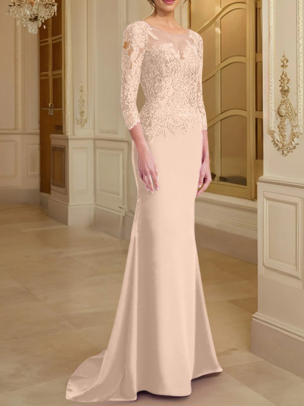 Vestidos de madre de la novia con mangas largas, corte trompeta/sirena y encaje