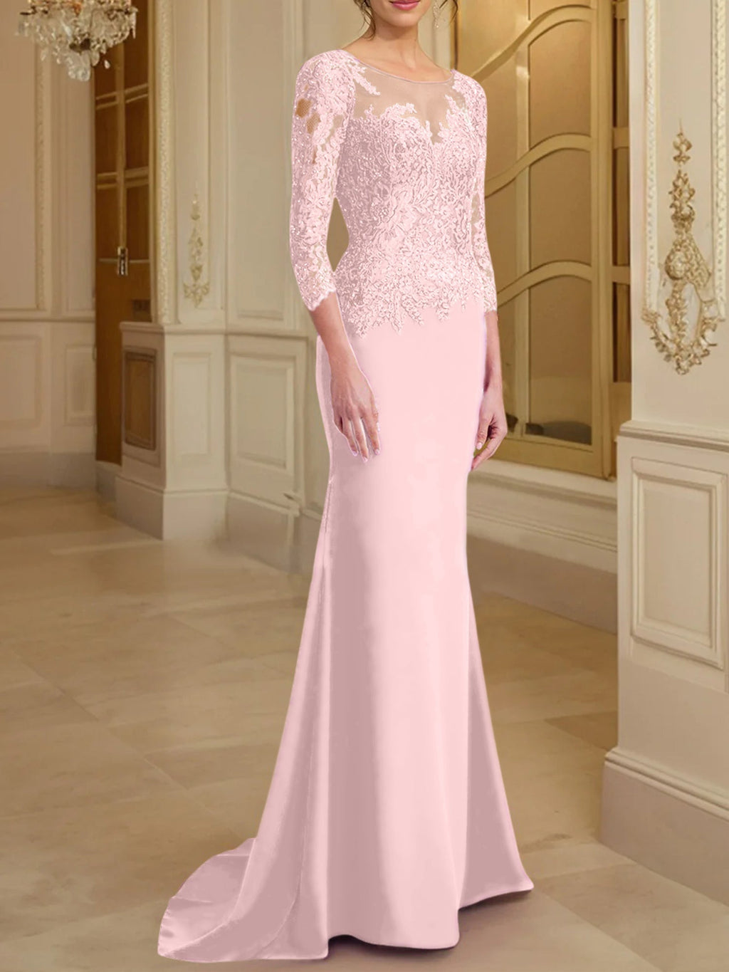 Vestidos de madre de la novia con mangas largas, corte trompeta/sirena y encaje