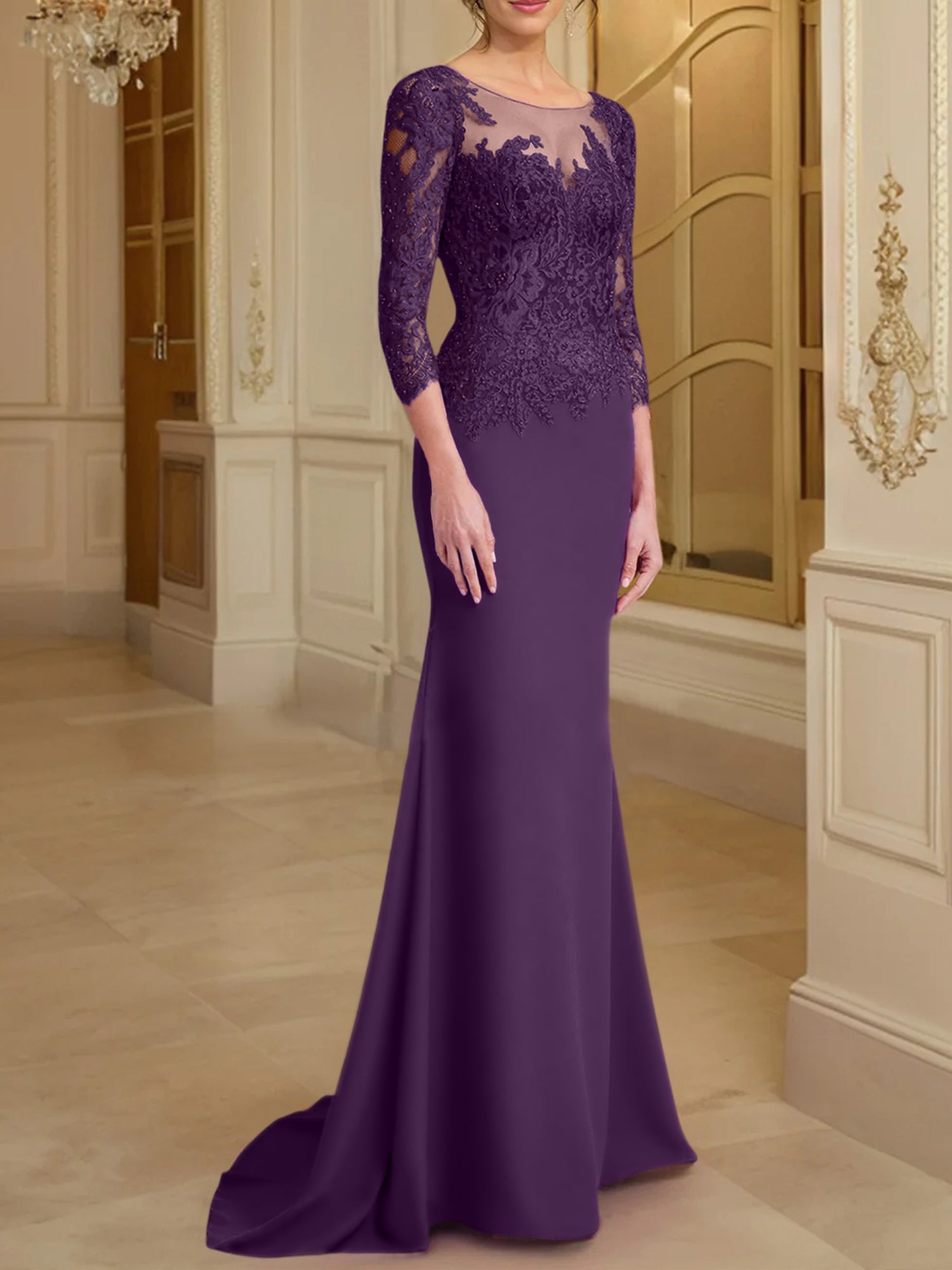 Vestidos de madre de la novia con mangas largas, corte trompeta/sirena y encaje