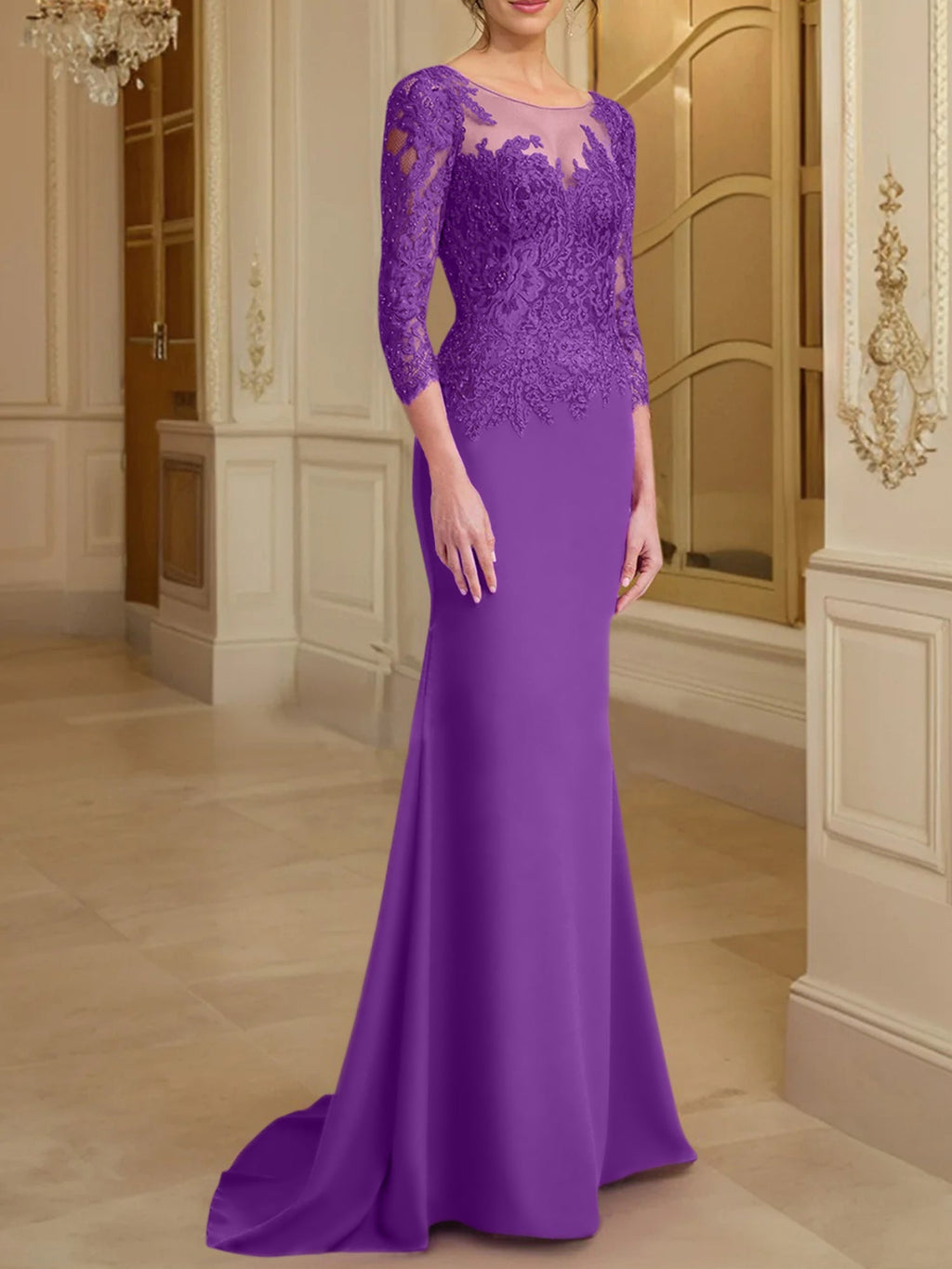 Vestidos de madre de la novia con mangas largas, corte trompeta/sirena y encaje