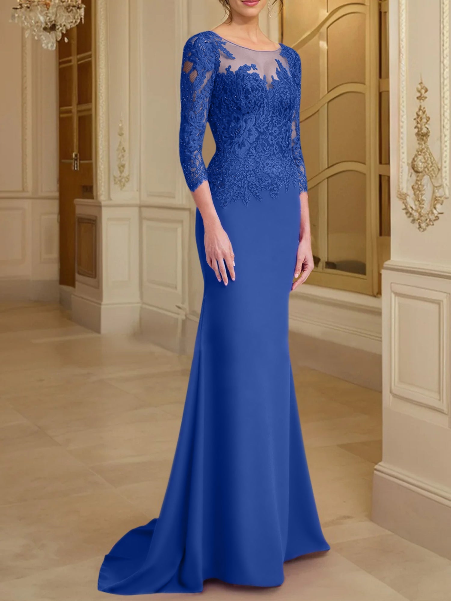 Vestidos de madre de la novia con mangas largas, corte trompeta/sirena y encaje