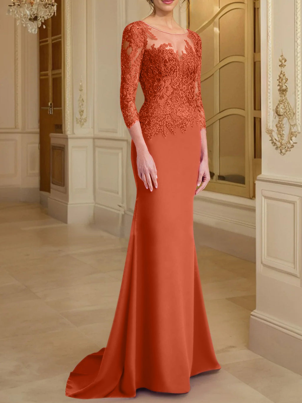 Vestidos de madre de la novia con mangas largas, corte trompeta/sirena y encaje